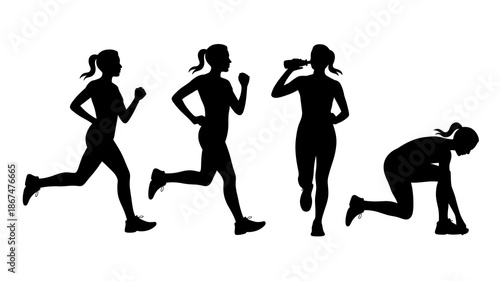 a silhouette illustration depicts four female figures engaged in various stages of physical exertion including running sprinting and collapsing from fatigue high quality professional detailed modern