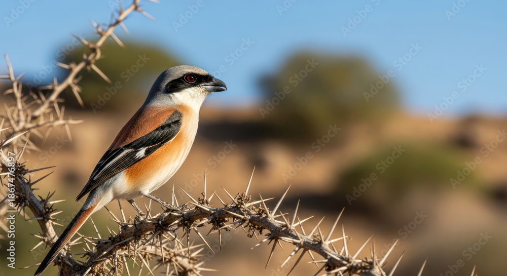 Fototapeta premium Bird perched on thorny branch.
