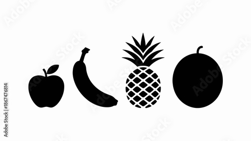 a simple black and white illustration displays an apple a banana a pineapple and an orange in a row high quality professional detailed modern elegant stylish