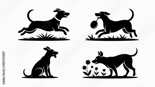a minimalist illustration depicts four black silhouettes of playful dogs engaged in various activities like jumping sitting and sniffing flowers high quality professional detailed modern elegant