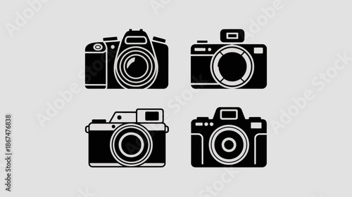 a collection of four distinct black silhouette camera icons are displayed against a light gray background showcasing varying camera styles and designs high quality professional detailed