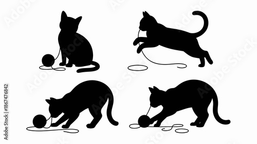 black silhouettes of playful cats interacting with yarn balls in various poses including sitting stretching and pouncing creating a whimsical scene high quality professional detailed modern