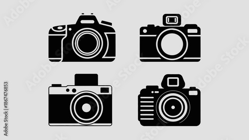 a visual representation of four distinct black and white camera icons arranged in a grid pattern showcasing different designs and perspectives high quality professional detailed modern