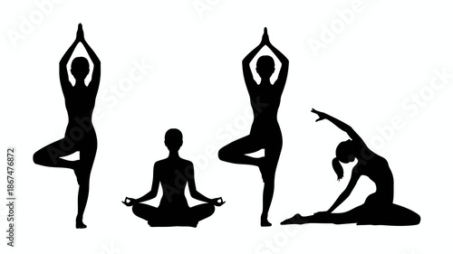 a minimalist depiction showcasing three distinct yoga poses tree pose seated meditation and a dynamic stretching posture in black silhouette high quality professional detailed modern elegant
