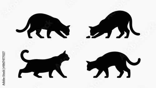 a minimalist illustration showcases four distinct black silhouettes of cats in various poses depicting feline grace and movement high quality professional detailed modern elegant stylish clean