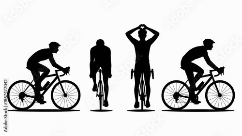 a minimalist silhouette depiction of four cyclists in various riding positions is presented against a stark white background illustrating movement high quality professional detailed modern elegant
