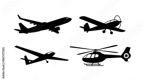 a collection of black silhouette illustrations depicts various aircraft types including a jet a small propeller plane a glider and a helicopter high quality professional detailed