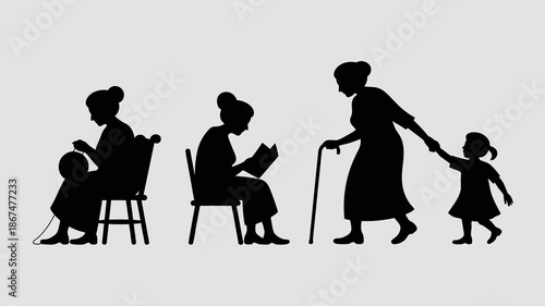 a silhouette depiction showcases a multi generational family scene with a grandmother mother and child walking together high quality professional detailed modern elegant stylish clean crisp