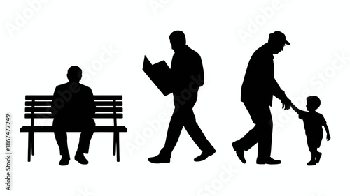 a simple black and white silhouette depicts the stages of life with a baby child adult and senior symbolizing growth and progress high quality professional detailed