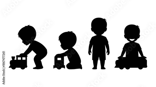 a simple black and white illustration depicts four silhouettes of children playing with toy trains representing stages of growth high quality professional detailed modern elegant stylish