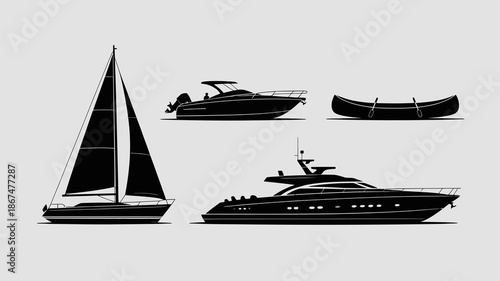 a monochrome illustration depicts four distinct watercraft a sailboat a motorboat a canoe and a luxury yacht all in silhouette high quality professional detailed modern elegant