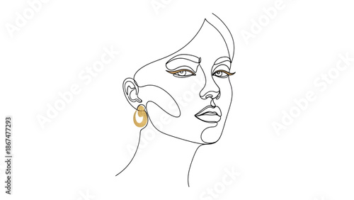 Elegant woman with gold hoop earrings in minimalist line art style