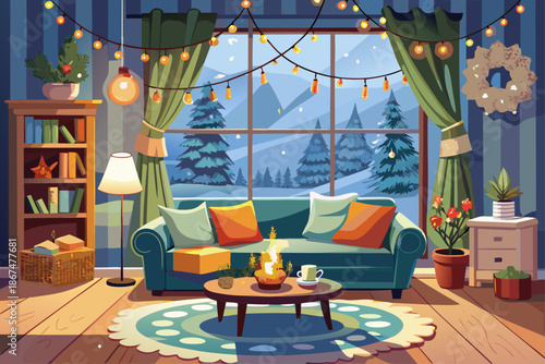 Cozy winter living room with comfortable sofa, warm blankets, glowing candles, festive wreath, cozy space by the window, inviting snowy view, interior photography