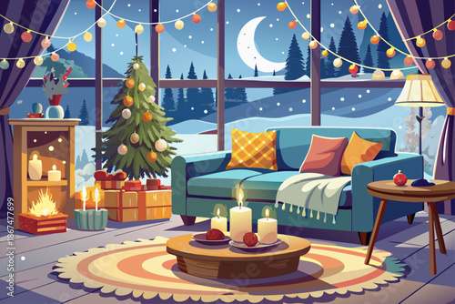 Cozy winter living room with comfortable sofa, warm blankets, glowing candles, festive wreath, cozy space by the window, inviting snowy view, interior photography