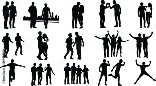 Silhouette collection of people in various poses including couples in love friends talking athletes running and groups celebrating urban lifestyle activities.