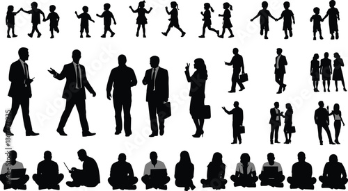 Vector Silhouettes of Children Playing Business Professionals Walking and People Sitting with Laptops for Growth Career and Lifestyle Concept Designs