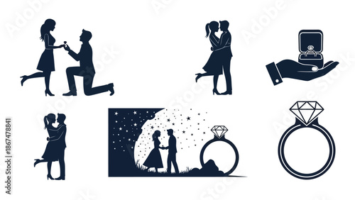 Romantic couple silhouettes proposing and embracing with diamond rings on white background for valentine's day or wedding invitations and love themed designs