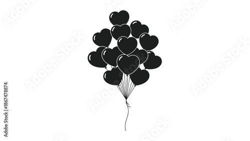 A bunch of black heart shaped balloons tied together on a white background for love and romance concepts with valentines and illustration