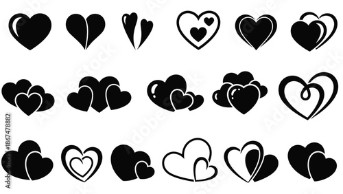 Collection of various black heart shapes and symbols on white background for love and valentine's day designs with Valentine s Day and icon