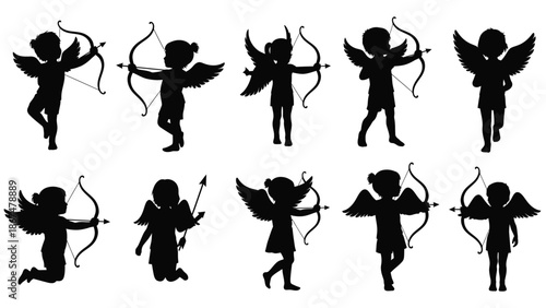 Set of black silhouette illustrations of cupids in various poses holding bows and arrows on white background for valentine's day or love themed designs and decorations