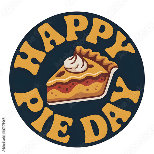 Happy Pie Day Retro Sticker - Circular Vector Badge with Pie Slice