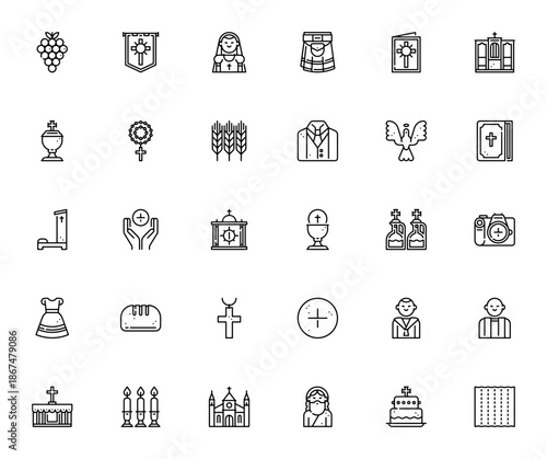 First Communion icon set. Vector symbol collection featuring grapes, chalice, rosary, bible, cross, church, altar, priest, dress, cake and more. Editable line illustration.