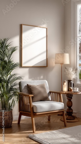 Cozy Minimalist Living Room with Blank Poster Mockup