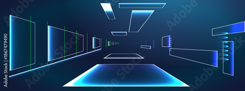 Digital art showing a futuristic corridor with glowing lines and shapes at night in a virtual space