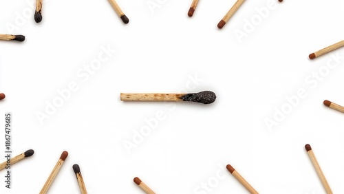 A central burnt matchstick surrounded by unburned matchsticks arranged in a circular pattern.