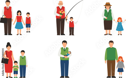 Family Generation and Lifestyle Illustration Set with Parents, Kids, Grandfather, Outdoor Activities, Relationships, and Daily Social Life for Children Designs