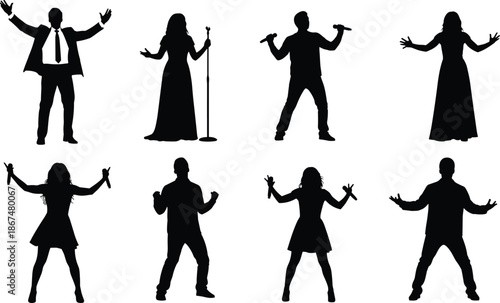 Dynamic silhouettes of singers, dancers, and performers on stage with microphones, expressive poses, artistic celebration, and vibrant live entertainment energy