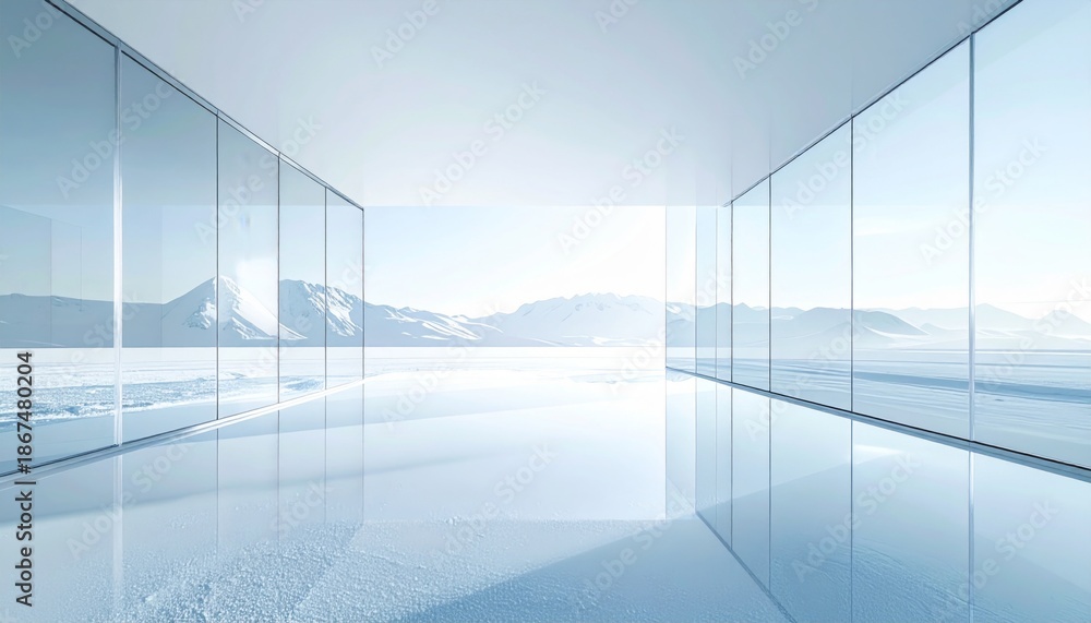 Fototapeta premium Minimalist White Interior with Glass Walls and Panoramic Mountain View