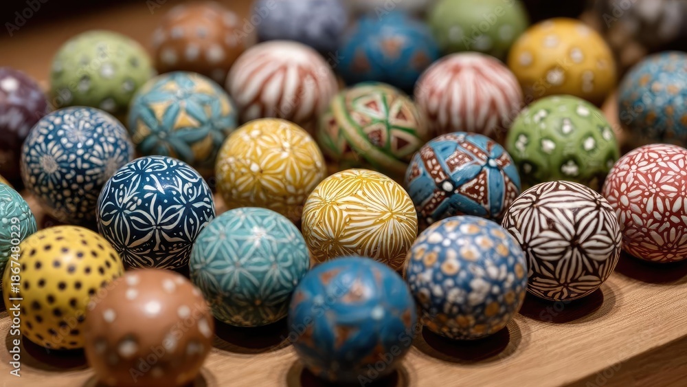 Fototapeta premium A collection of colorful, hand-decorated Easter eggs with intricate patterns. Concept Hand-decorated Easter eggs, Colorful Easter eggs, Intricate patterns, Festive egg art, DIY egg decorating