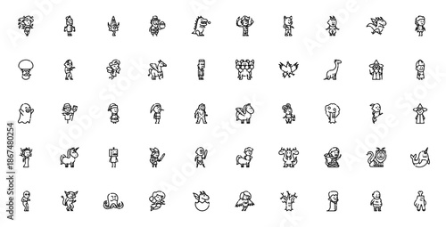 Fantastic characters icon set. Vector collection of mythical creatures including dragon, unicorn, zombie, vampire, elf, robot, alien, wizard, and more. Editable clipart.