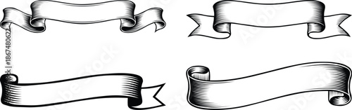 Ribbon banner outline set, black vintage scroll banners for logo, badge, label and branding design, isolated vector