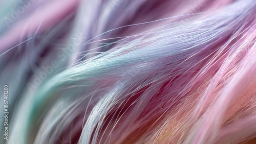 Close-up of pastel-colored hair strands in pink, purple and blue. Concept Pastel hair close-up, Pink purple blue strands, Macro hair texture, Soft lighting, Vibrant hues