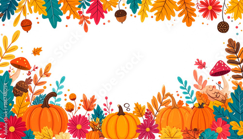 Autumn Harvest Border with Pumpkins Flowers Mushrooms and Leaves in Vibrant Fall Colors for Seasonal Design