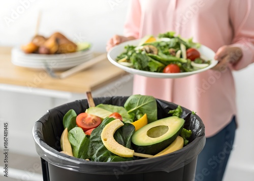 food waste salad avocado throwing into trash can