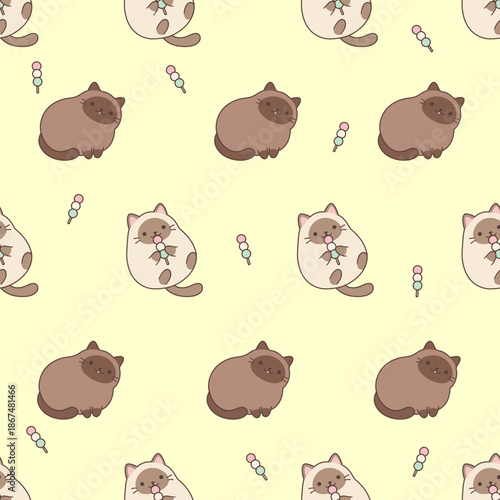 Cute Siamese Cat with Dango Japanese Sweets Seamless Pattern. Kawaii Chubby Cat and Mochi Stick on Pastel Yellow Background. Seamless Vector Pattern of Sweet Feline and Japanese Dessert.