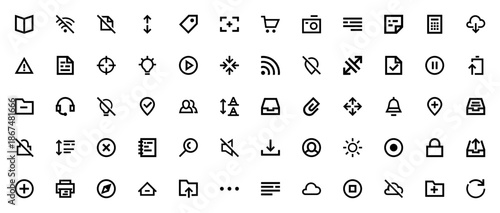 Smartphone Essentials icon set. Vector symbols for apps, wifi, camera, battery, folder, user, cloud, lock and more. Minimal line icons pack.