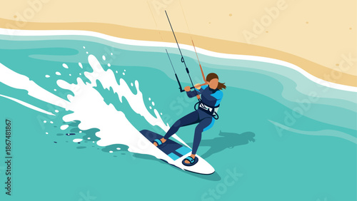 Dynamic kite surfing on ocean waves in minimalist art style