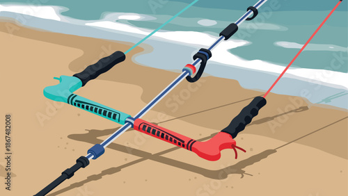 Colorful kiteboarding handles on sandy beach by the ocean waves