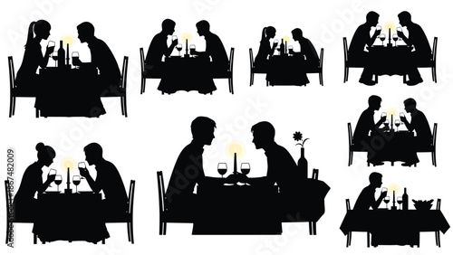 Silhouette illustrations of couples dining in various romantic restaurant settings with wine glasses and candles with vector and graphic and date