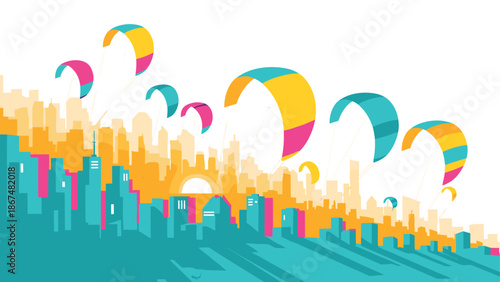Colorful cityscape with paragliders at sunset: vibrant urban adventure