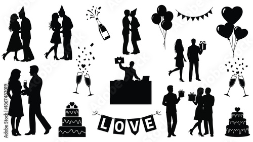 Black silhouettes of couples celebrating love and relationships with cakes balloons and banners on white background for valentine's day or wedding designs