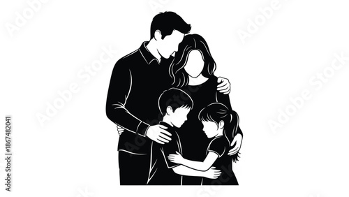 Black and white illustration of a happy family with parents and two children hugging each other tightly in a warm embrace with love and warmth