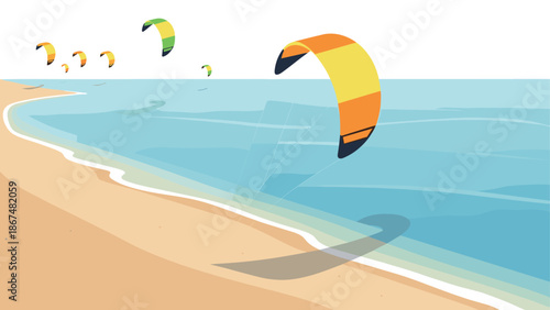 Colorful kitesurfing scene on a breezy day at the beach