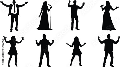 Expressive silhouettes of singers, dancers, and performers on stage with microphones, dynamic poses, artistic celebration, and vibrant entertainment energy