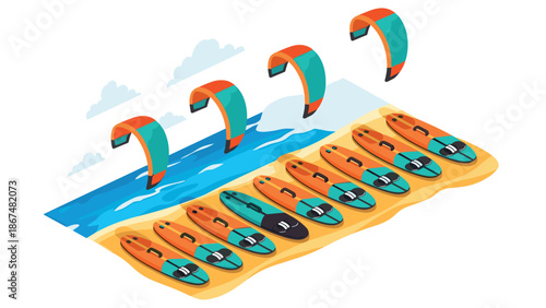 Colorful isometric kite surfing scene with boards and kites on a sandy beach