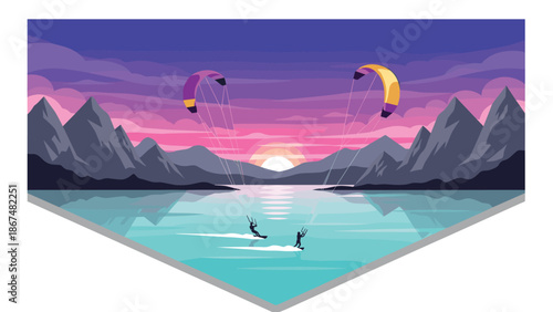 Vibrant kite surfing at sunset over mountain lake